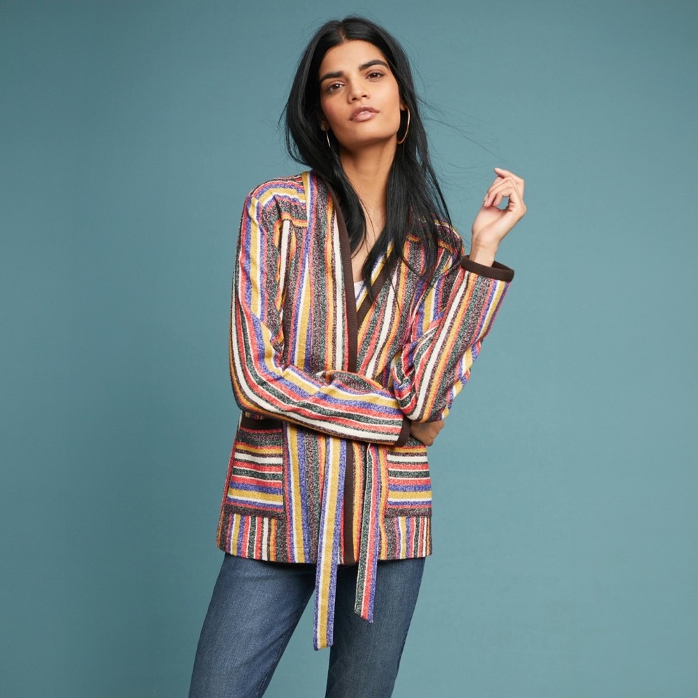 AKEMI + KIN Kimono S Arya Mansoura Colorful Stripe Boho Wrap Maximalist Anthro